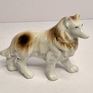 Collie Dog Figurine Ceramic Porcelain Vintage Brown & White